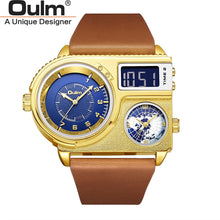 Load image into Gallery viewer, Oulm 5026 New Dual Display Two Time Zone Sport Watch Male Big Dial Quartz Clock Hours Men's Genuine Leather Strap Wristwatch