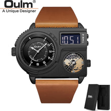 Load image into Gallery viewer, Oulm 5026 New Dual Display Two Time Zone Sport Watch Male Big Dial Quartz Clock Hours Men's Genuine Leather Strap Wristwatch
