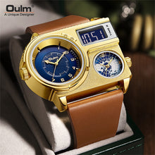Load image into Gallery viewer, Oulm 5026 New Dual Display Two Time Zone Sport Watch Male Big Dial Quartz Clock Hours Men's Genuine Leather Strap Wristwatch