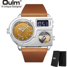 Load image into Gallery viewer, Oulm 5026 New Dual Display Two Time Zone Sport Watch Male Big Dial Quartz Clock Hours Men's Genuine Leather Strap Wristwatch