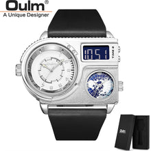 Load image into Gallery viewer, Oulm 5026 New Dual Display Two Time Zone Sport Watch Male Big Dial Quartz Clock Hours Men's Genuine Leather Strap Wristwatch
