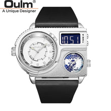 Load image into Gallery viewer, Oulm 5026 New Dual Display Two Time Zone Sport Watch Male Big Dial Quartz Clock Hours Men's Genuine Leather Strap Wristwatch