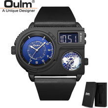 Load image into Gallery viewer, Oulm 5026 New Dual Display Two Time Zone Sport Watch Male Big Dial Quartz Clock Hours Men's Genuine Leather Strap Wristwatch