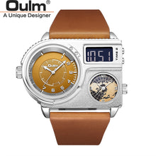 Load image into Gallery viewer, Oulm 5026 New Dual Display Two Time Zone Sport Watch Male Big Dial Quartz Clock Hours Men's Genuine Leather Strap Wristwatch